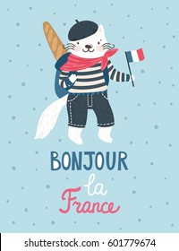 Vector background with cat in typical french clothes with backpack, baguette, flag of France. Vintage poster with cartoon character and text "Hello, France" in French.