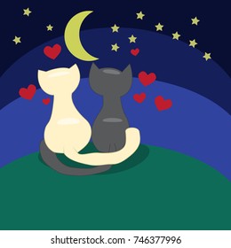 Vector background. Cats. Night. Hearts.Eps10.
