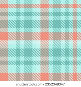 Vector background check of fabric textile texture with a plaid tartan seamless pattern in teal and light colors.