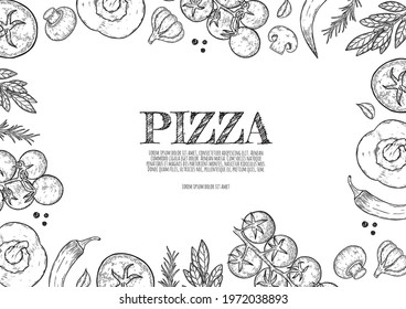 Vector background with cheese, tomato, pepper, thyme, basil, garlic, mushrooms, onion is flowing down.