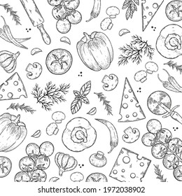 Vector background with cheese, tomato, pepper, thyme, basil, garlic, mushrooms, onion.