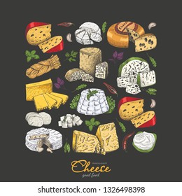 Vector background with cheeses in sketch style. Vector illustration for your design