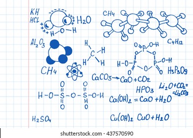 Vector background with chemicals formulas on notebook page.