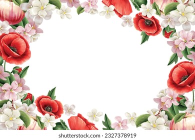 Vector background with cherry and poppy flowers