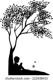 Vector background with child read a book under tree