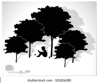 Vector background with children read a book under tree. Vector Illustration.