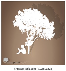 Vector background with children read a book under tree. Vector Illustration.