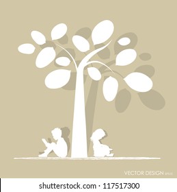 Vector background with children read a book under tree. Vector Illustration.