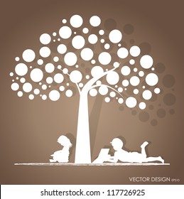 Vector background with children read a book under tree. Vector Illustration.