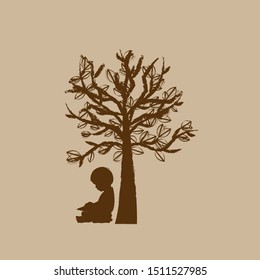 Vector background with children read a book under tree. Vector Illustration