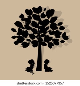 Antecedentes vectoriales con niños leen un libro debajo del árbol. Ilustración vectorial
