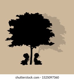Antecedentes vectoriales con niños leen un libro debajo del árbol. Ilustración vectorial