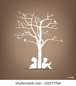 Vector background with children read a book under tree. Vector Illustration.