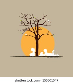 Vector background with children read a book under tree. Vector Illustration.