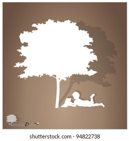 Vector background with children read a book under tree. Vector Illustration.