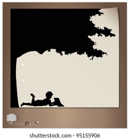 Vector background with children read a book under tree. Vector Illustration.