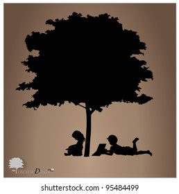 Vector background with children read a book under tree. Vector Illustration.