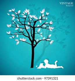 Vector background with children read a book under tree. Vector Illustration.