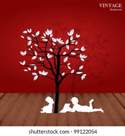 Vector background with children read a book under tree. Vector Illustration.