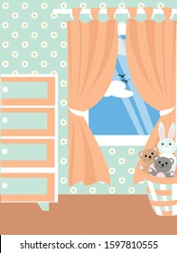 Vector background children's room in peach and blue colors for a girl with a blue sky with a cloud and birds outside the window. Illustration for the site, coloring, books, towels, bedding, bedspreads