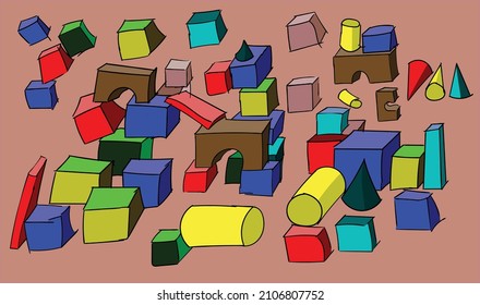 vector background. Children's wooden blocks. Some strewn on the carpet, some stacked on top of each other. Different merry colors.