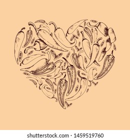 Vector background with chili pepper illustration sketch heart shape food images