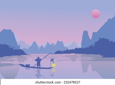 Vector background with Chinese fishermen on the Li River