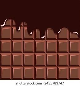 Vector background with chocolate bar and melting chocolate. Dripping syrop backdrop for banner, card, wallpaper, social media