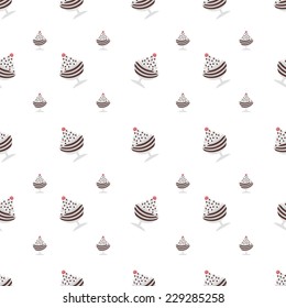 Vector background for chocolate ice cream in cup. Seamless vector pattern with ice cream dessert with chocolate and berry in cup in pastel colors on white background.