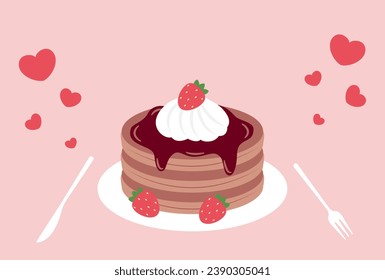 vector background with chocolate pancakes with strawberries on plate and hearts for banners, cards, flyers, social media wallpapers, etc.