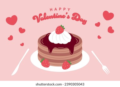 Vektorhintergrund mit Schokoladenpfannkuchen mit Erdbeeren auf Teller und Herz für Banner, Karten, Flyer, Wallpaper in den sozialen Medien usw.