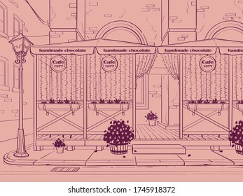 Vector background Chocolate Shop. Image of handmade chocolate cafe in pink color. For web, video, interface, design, handout, news-sheet.