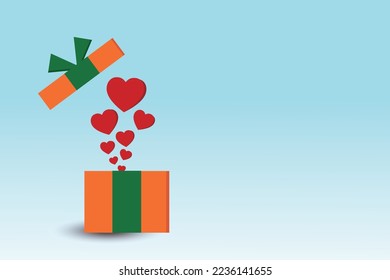 Vector background christmas day cute gift box open and group hearts boom inside surprise , have area for text. Christmas day online shopping sale poster gift box birthday heart promotion illustration.