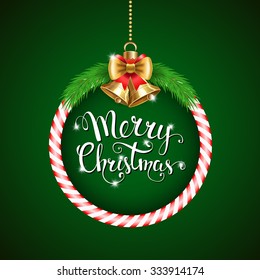 Vector background with Christmas decor and handwritten text "Merry Christmas". Vector illustration for Christmas posters, icons, Christmas greeting cards, Christmas print and web projects