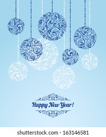 Vector background with christmas decoration for your design. Vintage ornamental balls. Happy New Year greeting card