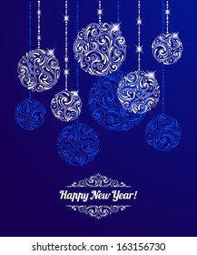 Vector background with christmas decoration for your design. Vintage ornamental balls. Happy New Year greeting card