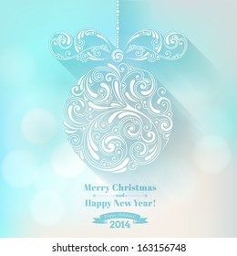 Vector background with christmas decoration for your design. Vintage ornamental balls and bow on defocus background. Happy New Year greeting card