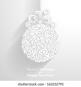 Vector background with christmas decoration for your design. Vintage ornamental balls and bow in paper style. Happy New Year greeting card