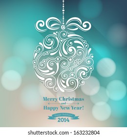 Vector background with christmas decoration for your design. Vintage ornamental balls and bow on defocus background. Happy New Year greeting card