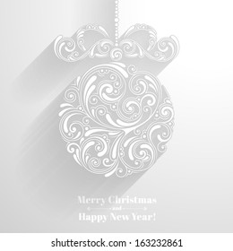 Vector background with christmas decoration for your design. Vintage ornamental balls and bow in paper style. Happy New Year greeting card