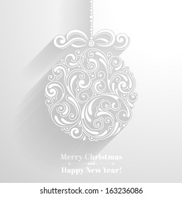 Vector background with christmas decoration for your design. Vintage ornamental balls and bow in paper style. Happy New Year greeting card
