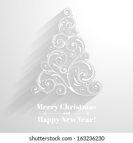Vector background with christmas decoration for your design. Vintage ornamental tree in paper style. Happy New Year greeting card
