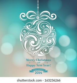 Vector background with christmas decoration for your design. Vintage ornamental balls and bow on defocus background. Happy New Year greeting card