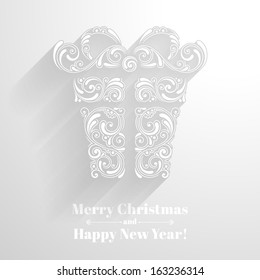 Vector background with christmas decoration for your design. Vintage ornamental gift box in paper style. Happy New Year greeting card