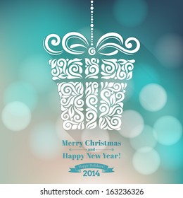 Vector background with christmas decoration for your design. Vintage ornamental gift boxon defocus background. Happy New Year greeting card