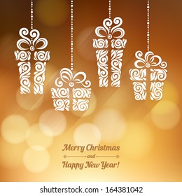 Vector background with Christmas decoration for your design. Vintage ornamental gift box on defocus background. Happy New Year greeting card