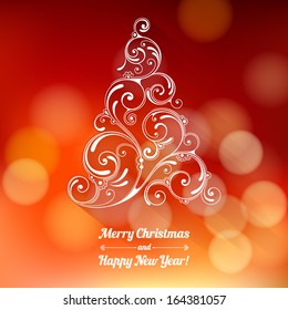 Vector background with Christmas decoration for your design. Vintage ornamental tree on defocus background. Happy New Year greeting card