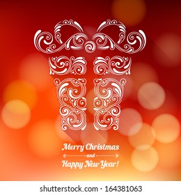 Vector background with Christmas decoration for your design. Vintage ornamental gift box on defocus background. Happy New Year greeting card