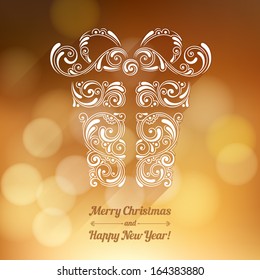 Vector background with Christmas decoration for your design. Vintage ornamental gift box on defocus background. Happy New Year greeting card