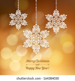 Vector background with Christmas decoration for your design. Vintage ornamental snowflakes on defocus background. Happy New Year greeting card